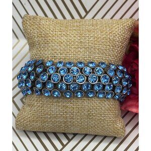 Silver Tone Ice Blue Cluster Crystal Stretch Bracelet Wide Statement Piece